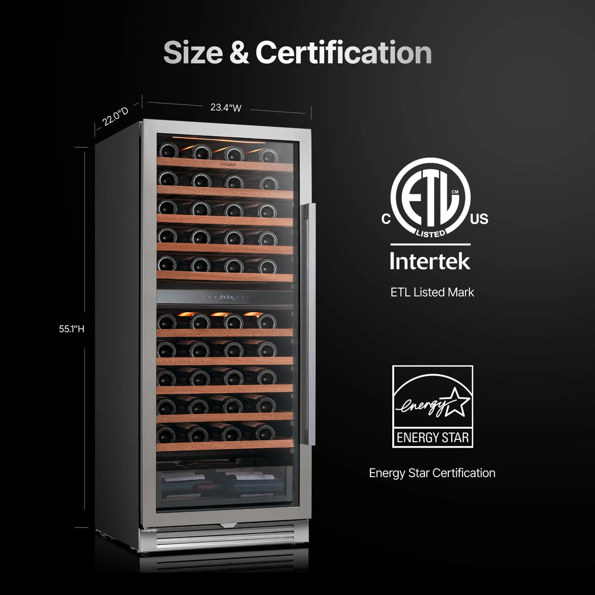 90 Bottles Dual Zone Wine Cooler Fridge 275L Built-in Wine Refrigerator Dual NTC Sensor Electronic Temperature Control 5-18℃ ETL Energy Star Certified 41dB Low Noise Wine Cabinet for Home Bar Kitchen
