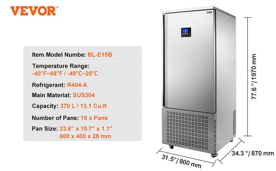 VEVOR 370L Commercial Blast Freezer 15 Trays Blast Chiller Chest Seafood Gelato