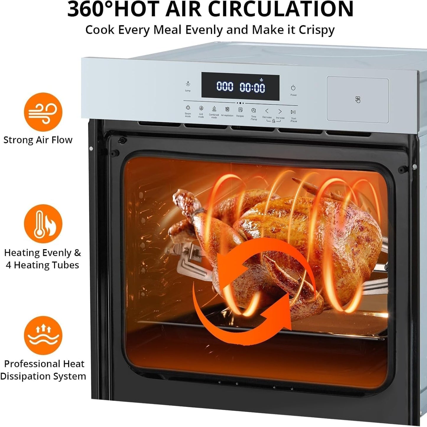 24 Inch Built-In Electric Single Wall Oven, 2.5 Cu.Ft Advanced Convection Cooking with Touch Control,11 Functions & Recipes,Glass Door,Silver