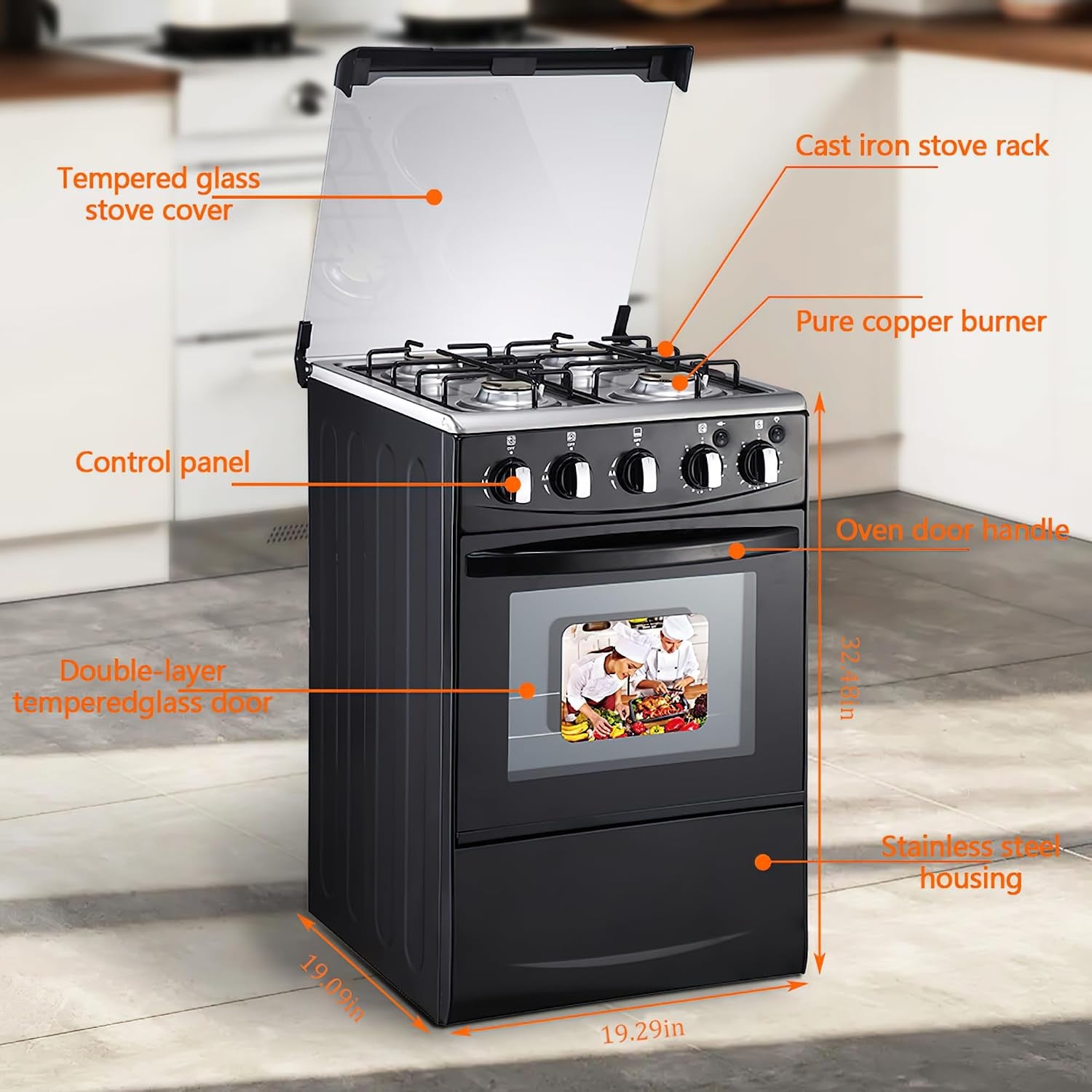 Gas Range with Double-Layer Glass Door, 4 Burners, Cast Iron Rack, 60L Capacity, Dedicated LPG