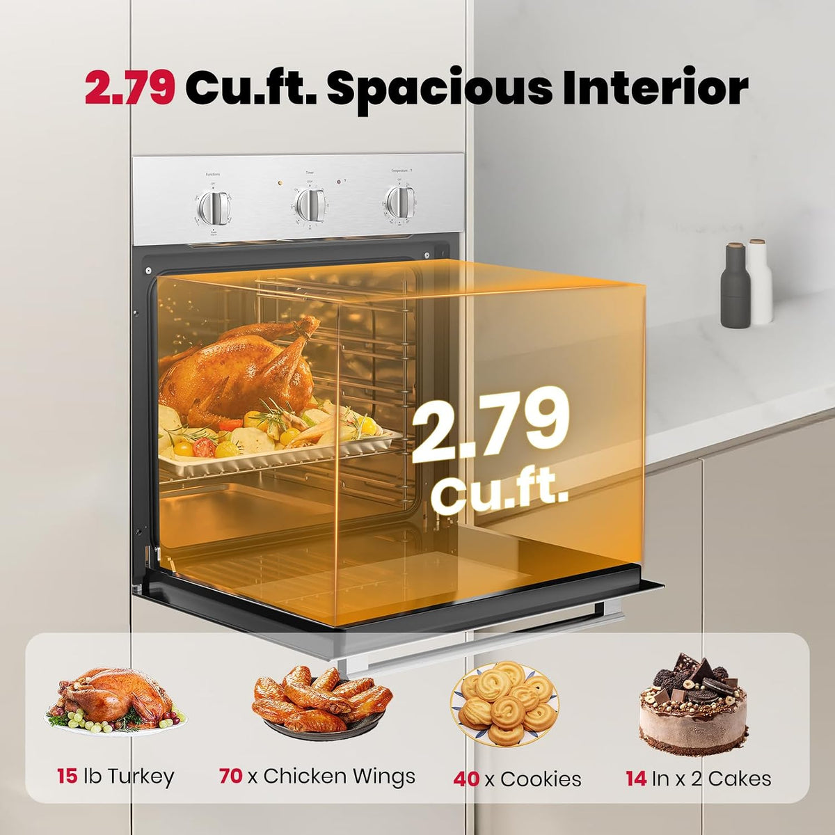 24 Inch Electric Wall Oven with 5 Cooking Modes, 2.79 Cu.Ft, 2200W