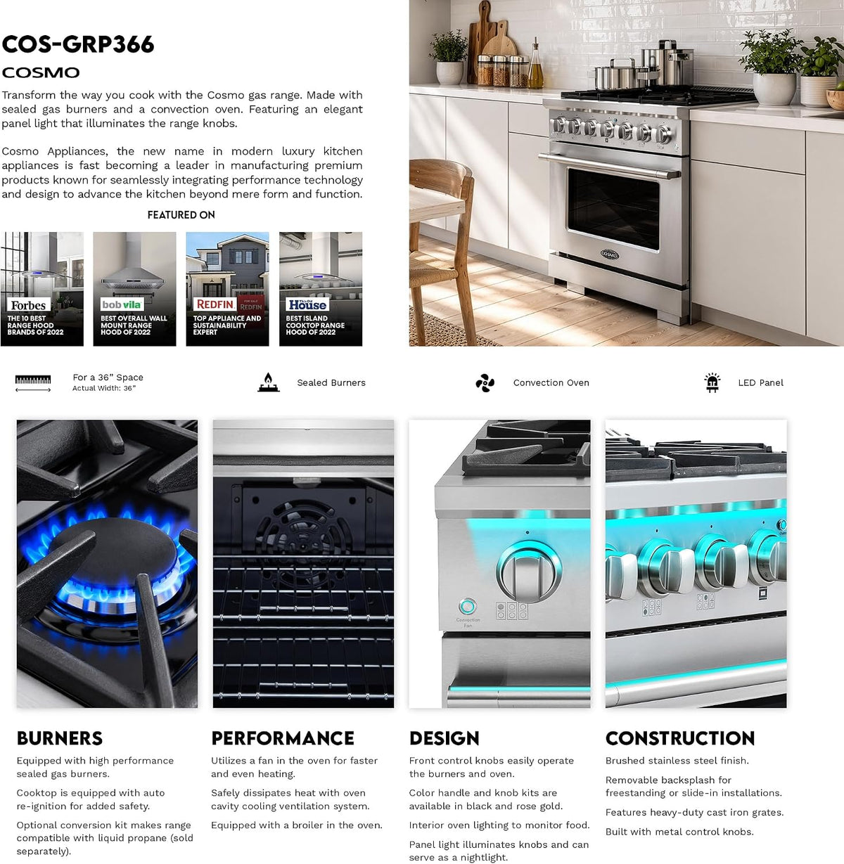 36 In. Vista Coll 5.4 Cu Ft 6 Burner Gas Range, Convection, Stainless Steel