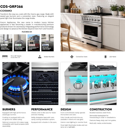 36 In. Vista Coll 5.4 Cu Ft 6 Burner Gas Range, Convection, Stainless Steel