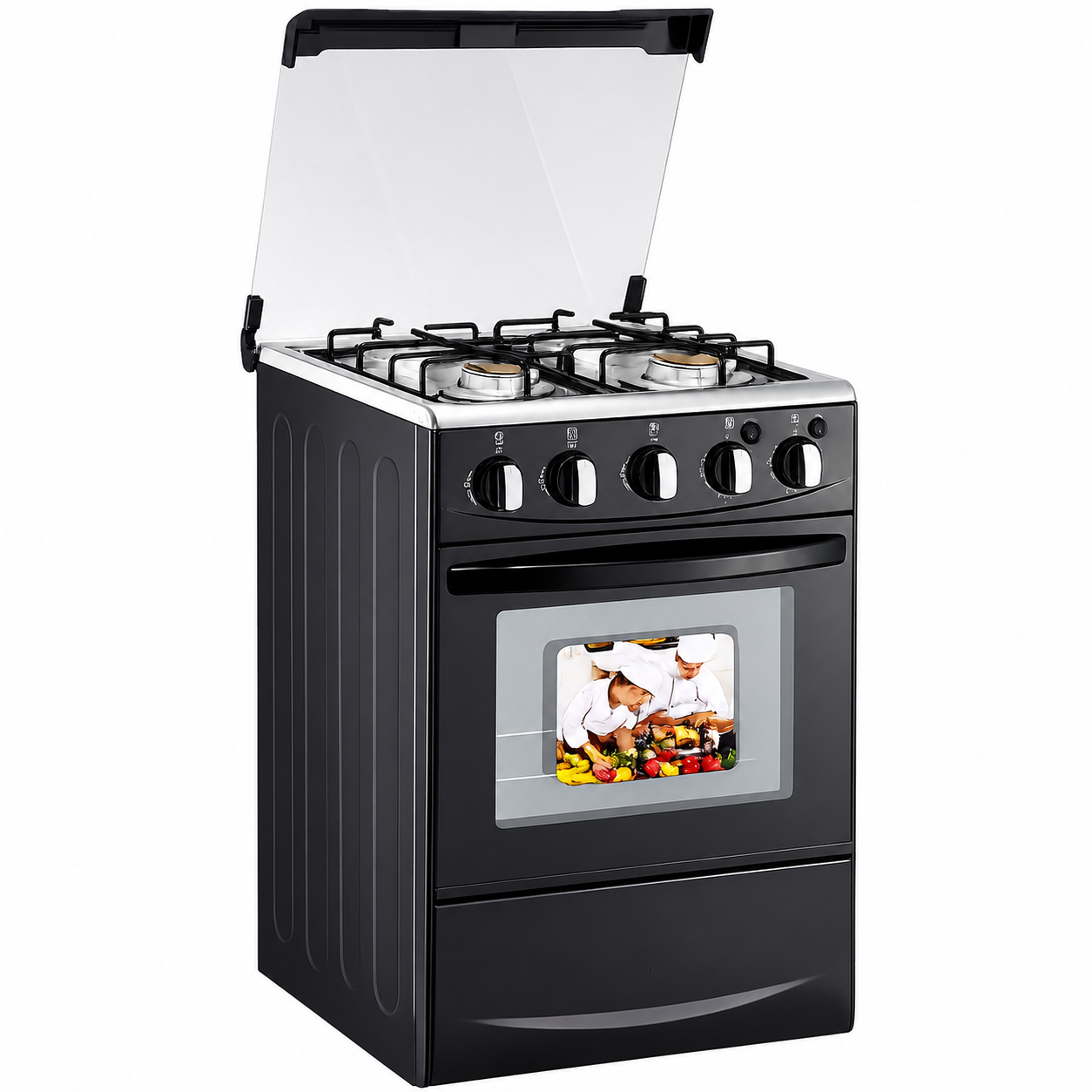 Gas Range with Double-Layer Glass Door, 4 Burners, Cast Iron Rack, 60L Capacity, Dedicated LPG