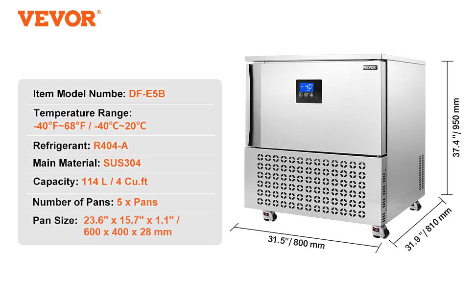 VEVOR 114L Commercial Blast Freezer 5 Trays Blast Chiller Chest Seafood Gelato