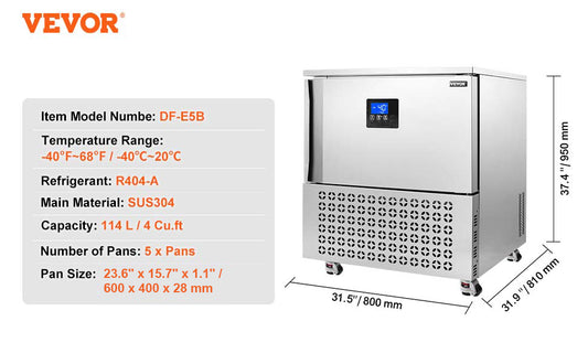 VEVOR 114L Commercial Blast Freezer 5 Trays Blast Chiller Chest Seafood Gelato