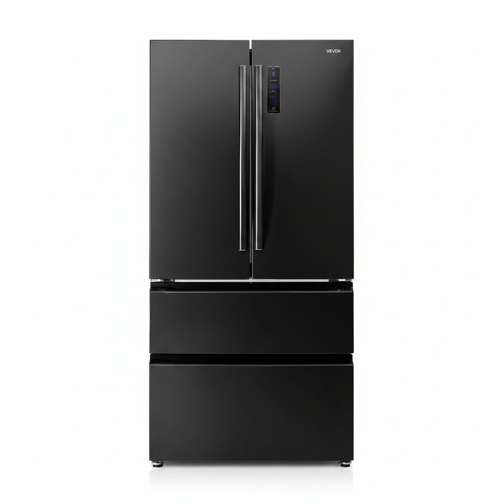 French Door Refrigerator, 18.9 Cu. Ft. Kitchen Fridge, Counter Depth French Refrigerator with LED Display and 4 Casters, Frost-Free Bottom Freezer Refrigerators for Home & Commercial Use, Black
