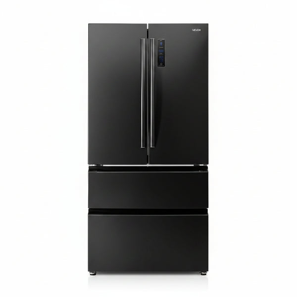 French Door Refrigerator, 18.9 Cu. Ft. Kitchen Fridge, Counter Depth French Refrigerator with LED Display and 4 Casters, Frost-Free Bottom Freezer Refrigerators for Home & Commercial Use, Black