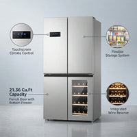French Door Refrigerator Built for Modern Kitchens, 21.36 Cu.Ft, Wine Cabinet, Touchscreen Control — infographic